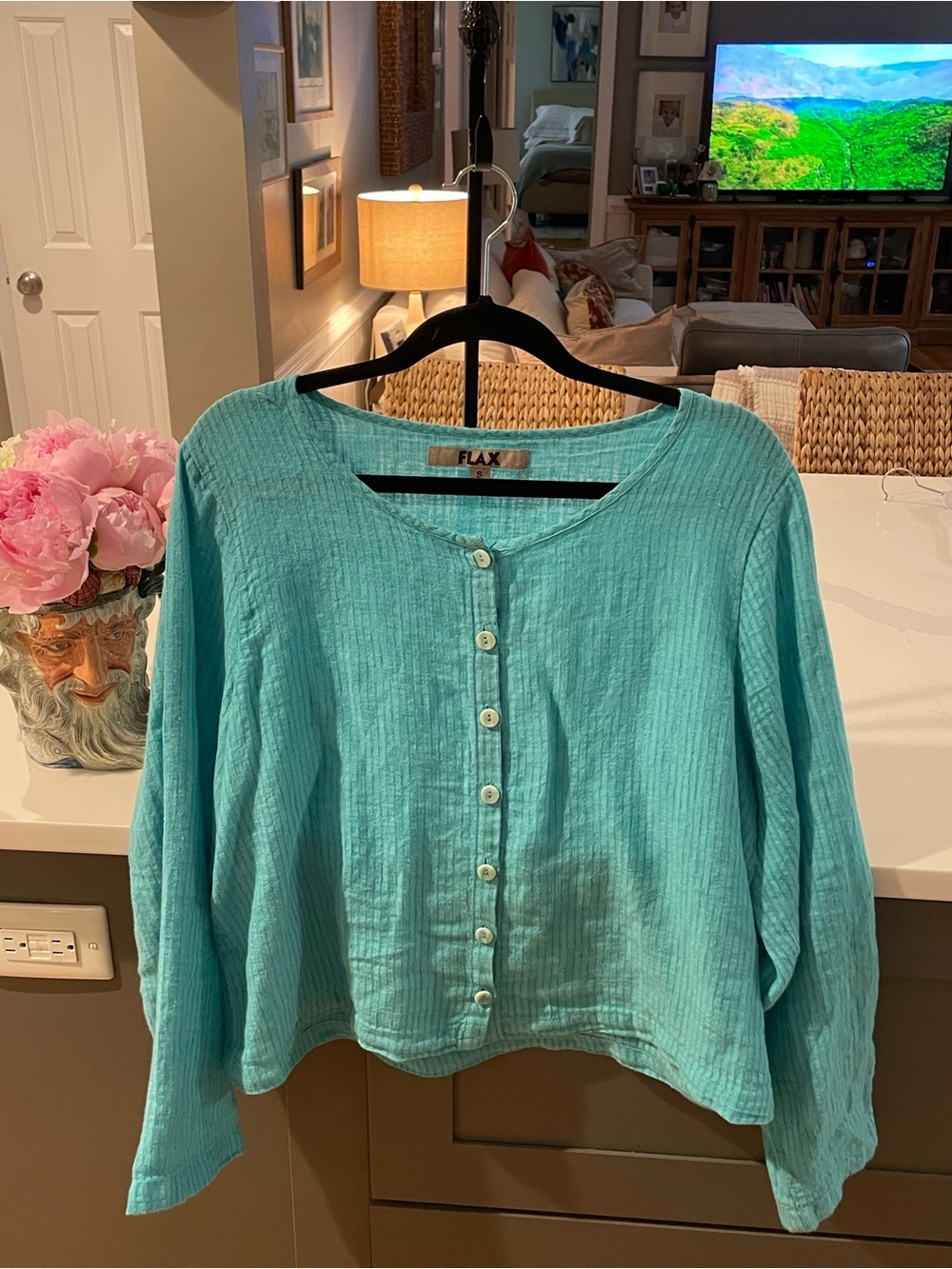 100% Linen FLAX  by Jeanne Engelhart Turquoise Button-Front Top